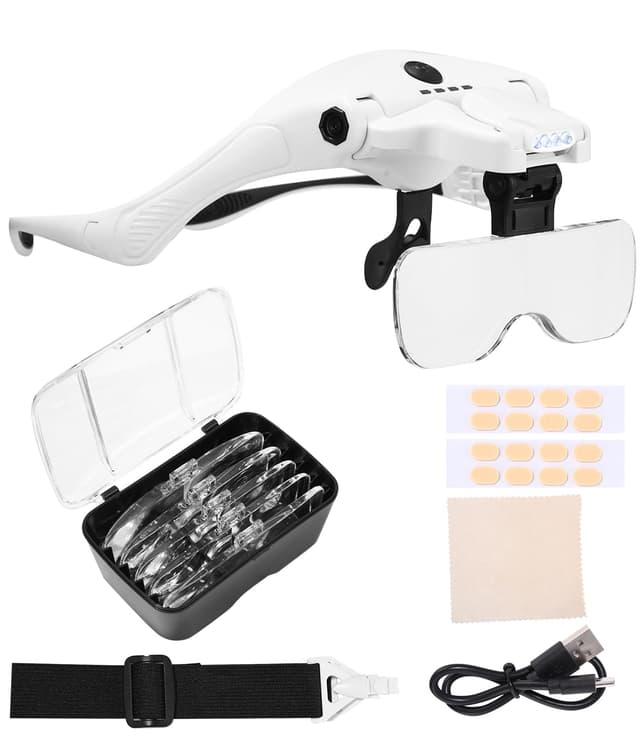 Lupenbrille mit Licht, Vergrößerungsbrille,Brille USB Ladung mit 4 LED Licht und 2 Einstellbarer Helligkeit Lupenbrille für Brillenträger, Kopflupe 5 Linsen 1,0X 1,5X 2,0X 2,5X,3,5X Lupenbrille mit Lichtv