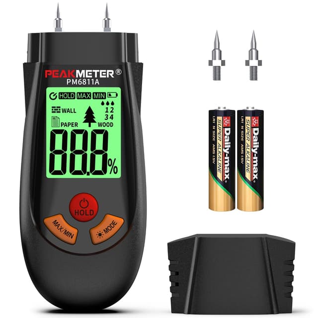 Feuchtigkeitsmessgerät, Feuchtigkeitsmesser Mit Batterie und LCD-Display, geeignet für die schnelle Bestimmung des Feuchtigkeitsgehalts von Rohholz, Papier, Sperrholz, Gipswände, Bodenbeläge, etc. PM6811A