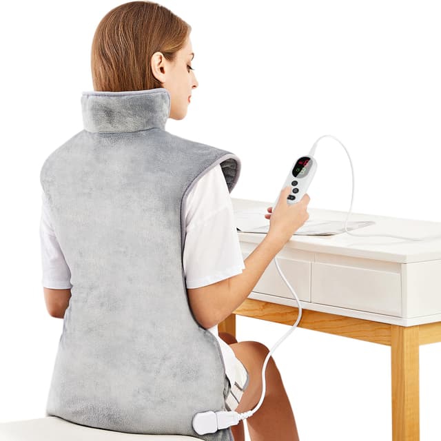 Heizkissen für Rücken Schulter Nacken 60x100cm Wärmekissen mit Taillenriemen, Schnelle Erwärmung, 6 Heizstufen, Rückenwärmer Abschaltautomatik Timer, Flanell, maschinenwaschbar, EU-Stecker, Grau