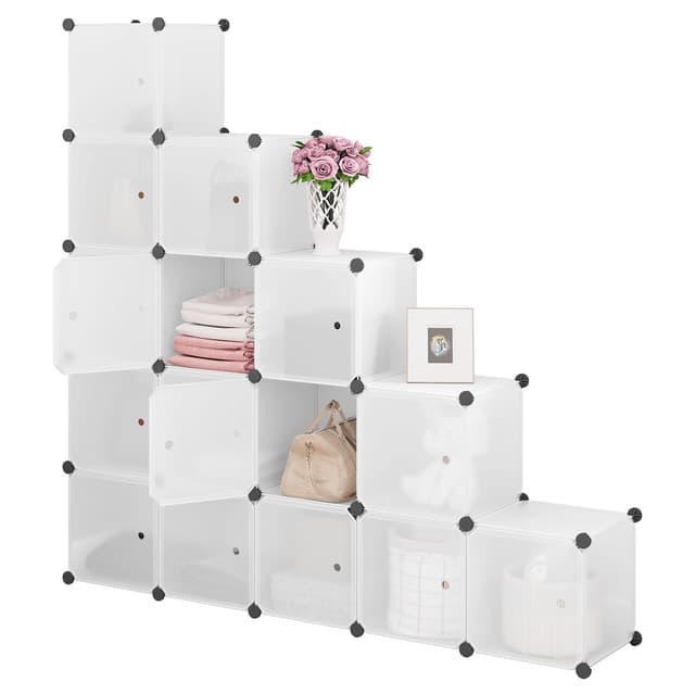 WOLTU Steckregal, Regalsystem, 15 Würfel, DIY Würfelregal, modulare PP-Platten, als Garderobe Schuhregal Raumteiler, für Wohnzimmer Schlafzimmer Flur, Weiß 150x30x150cm Halbtransparent