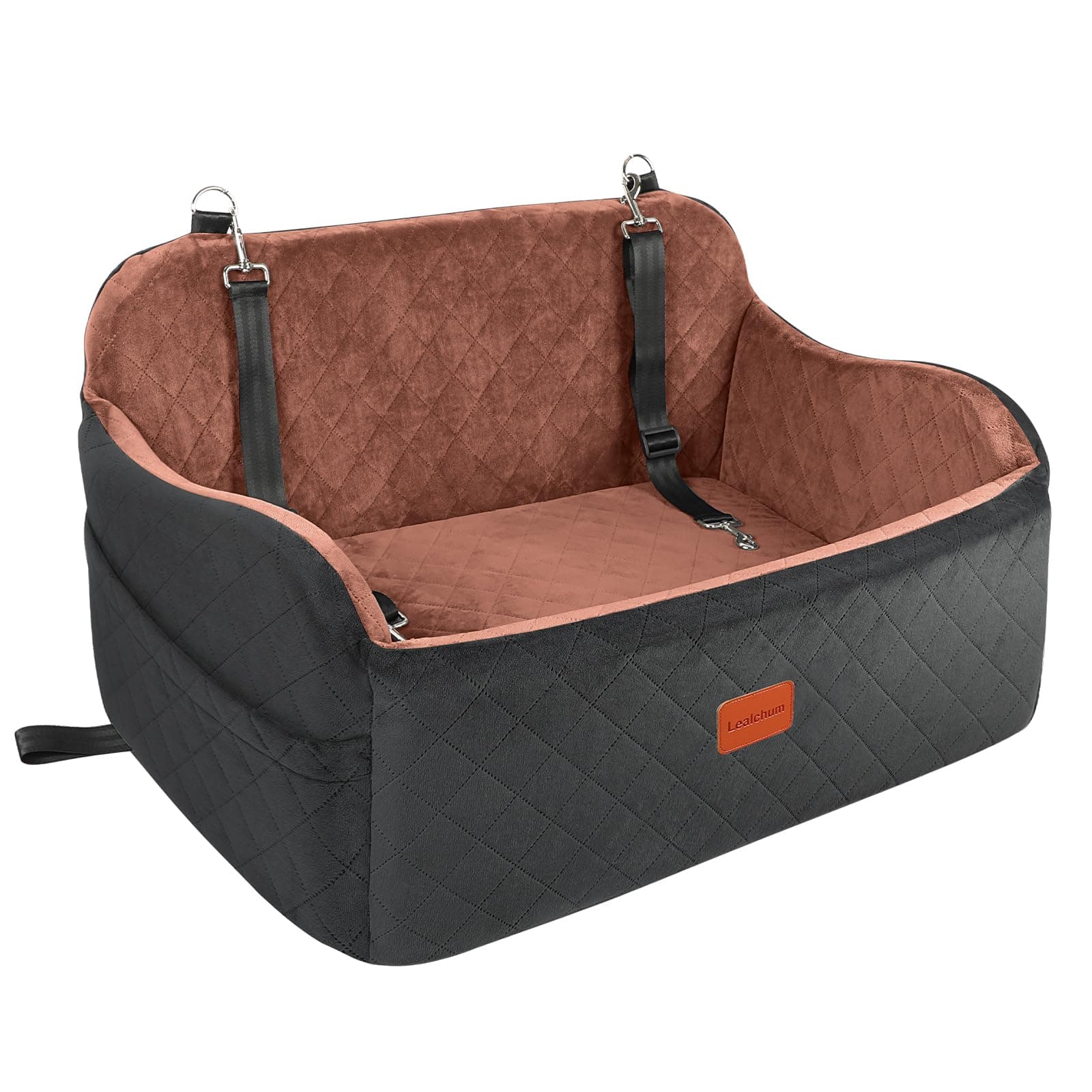 Lealchum Hundeautositz für mittelgroße Hunde, Hundesitz Automit verstellbaren Leinen, Komfort mit Memory-Schaum-Füllung, Sicherheitsreise pro Autositz mit Rutschfester Unterseite (Black/Brown, Large) Black/Brown Large