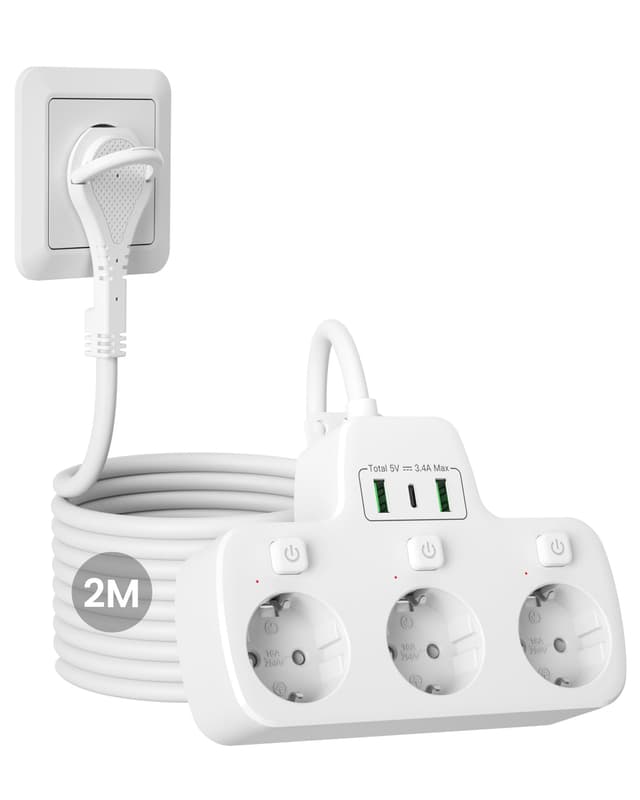 Flachstecker Steckdosenleiste Einzeln Schaltbar,3-Fach Mehrfachsteckdose mit Schalter,3er Steckerleiste Wandmontage Mehrfachstecker Extraflacher stecker,Doppelstecker für Steckdose,2M Kabel,Weiß