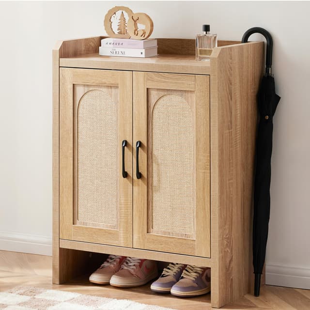 Mericonia Schuhschranks, 5-stöckiger Rattan-Schuhschrank mit 2 Holztüren, Eingangsbereich-Speicher, Stabiler Rattanholz-Schrank mit einstellbaren Regalen, für Wohnzimmer und Flur, Braun Rattan Braun Braun