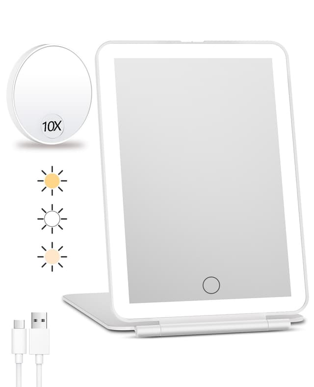 FUNTOUCH Wiederaufladbarer Kosmetikspiegel mit einem kleinen 10x Vergrößerungsspiegel, 2000mAh Reisespiegel mit Beleuchtung, 3 Farblichter Schminkspiegel, Ultraschlanker Tragbarer Make up Spiegel Weiß-13*19cm