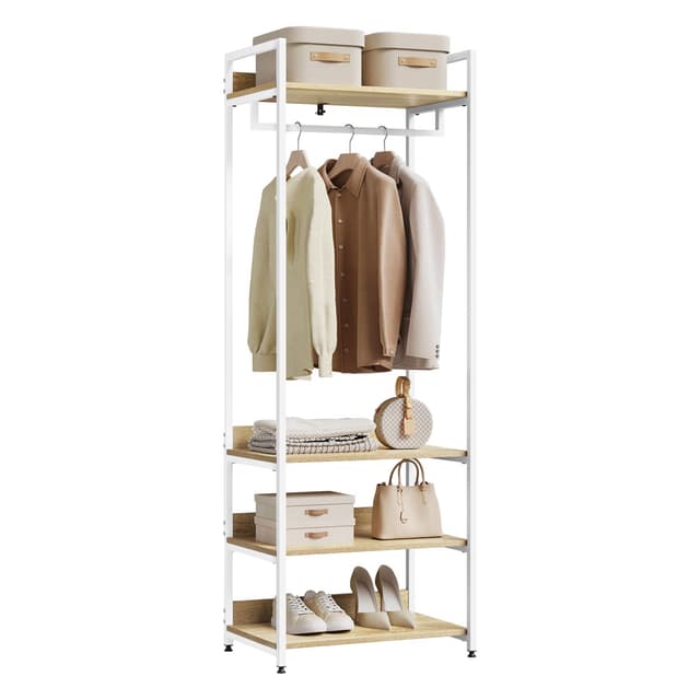 WOLTU Kleiderständer mit Regal Kleiderschrank Offener mit Schuhregal Garderobenständer für Schlafzimmer, Holz und Stahl Hell Eiche+weiß