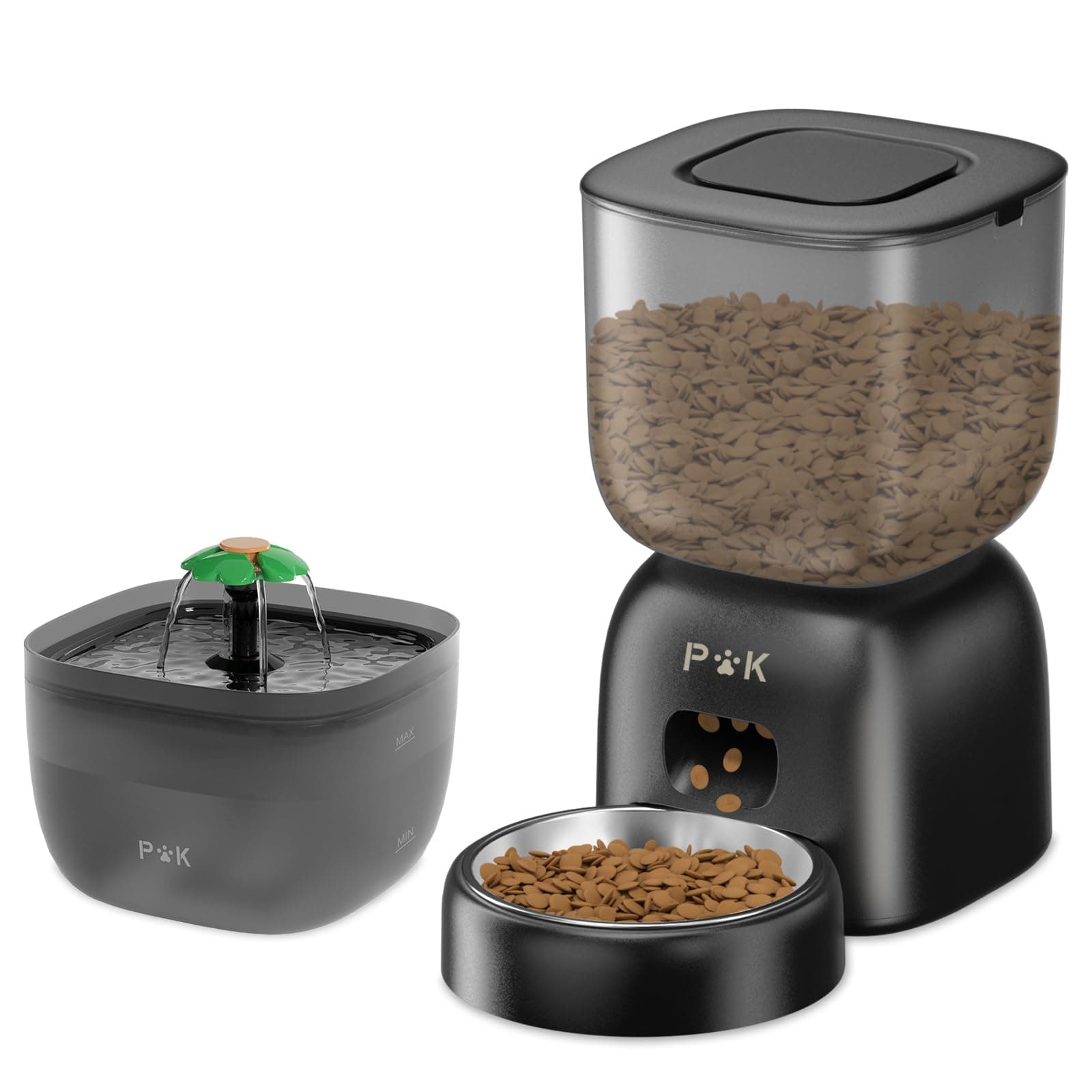 PUPPY KITTY Futterautomat Katze und Katzenbrunnen Combo, 180 Tage Lange Batterielebensdauer, Leicht zu reinigen, 10S Sprachaufforderung, 3L futterspender Katze und 2L Katzenbrunnen Black-Katzenbrunnen