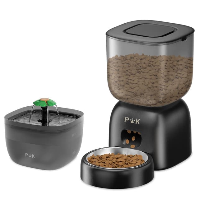 PUPPY KITTY Futterautomat Katze und Katzenbrunnen Combo, 180 Tage Lange Batterielebensdauer, Leicht zu reinigen, 10S Sprachaufforderung, 3L futterspender Katze und 2L Katzenbrunnen Black-Katzenbrunnen