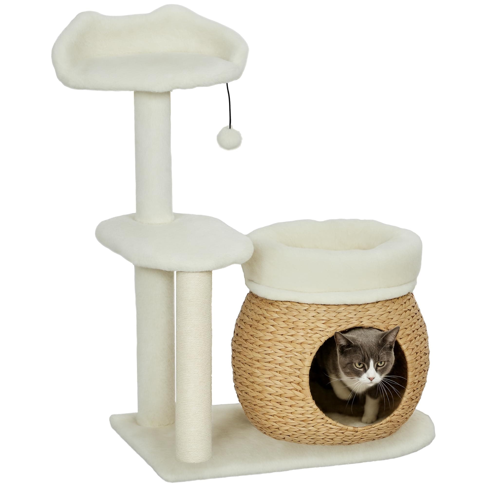 PawHut Kratzbaum 79 cm Katzenbaum mit Katzenhöhle, Bett, Spielbälle, Katzenkratzbaum mit Sisal-Kratzsäulen, für Katzen bis 5 kg, Cremeweiß Cremeweiß 60L x 40B x 79H cm