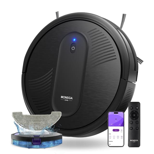 MONSGA Saugroboter mit Wischfunktion 3 in 1, Staubsauger Roboter 3000PA, Saugroboter mit 2 Bürsten, Selbstaufladend, WiFi, 140Mins, Ideal für Tierhaare, Teppich, Hartboden (Schwarz)