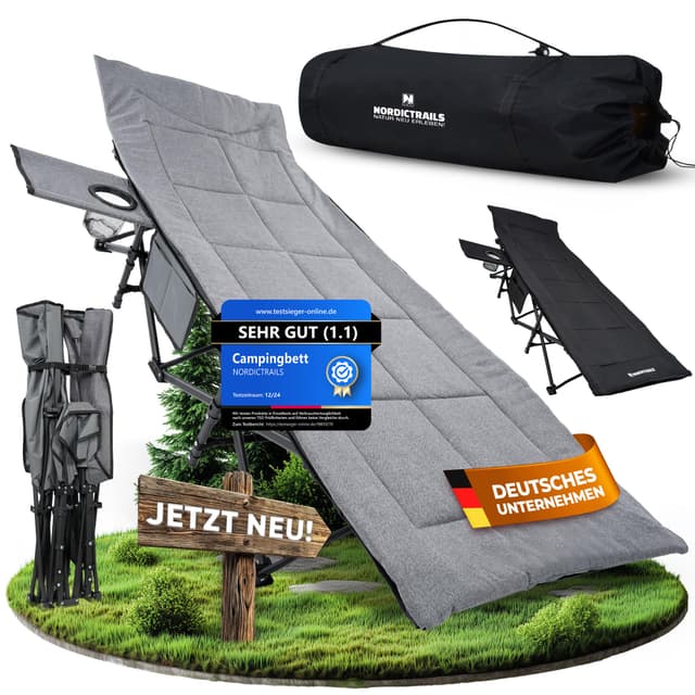 NORDICTRAILS Feldbett Campingbett klappbar - XXL gemütliche Campingliege | Faltbar, leicht & breit für Outdoor | Gästebett, Liege, Klappbett, Angelliege, Camping Karpfenliege mit superweicher Matratze Mit Auflage Grau