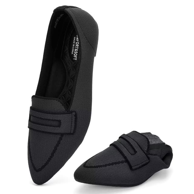 Puxowe Damen Ballerinas Slip On Spitz Strick Kleid Flache Schuhe Pumps Elegant Bequem Ballerina Flats für Damen 41.5 EU Schwarz