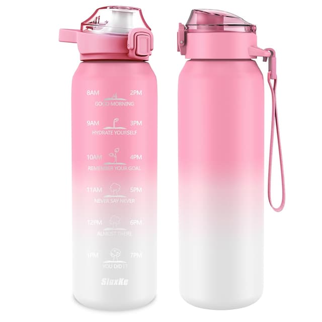 SLUXKE Trinkflasche Edelstahl 1000ml mit 2Deckel（Strohhalm& no Strohhalm, [18/10 Edelstahl] 1Liter Thermosfla, 1L Lsolierflasche Doppelwandig für Heiße, Kohlensäure und kalte Getränke 1000 ml Rosa Weiß