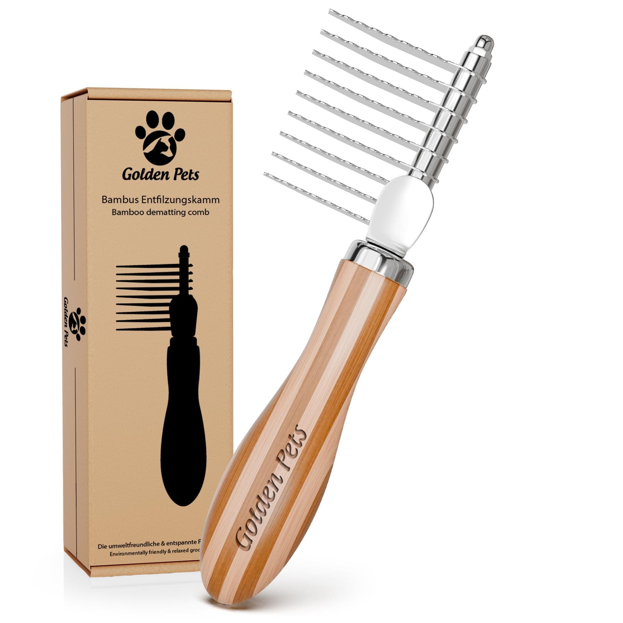 Golden Pets Entfilzer Kamm I Hunde- & Katzenbürste mittel bis langhaar geeignet I Kleine - große Tiere I Abgerundete Zinken I + E-Book Pflegehandbuch 9 Klingen Bambus