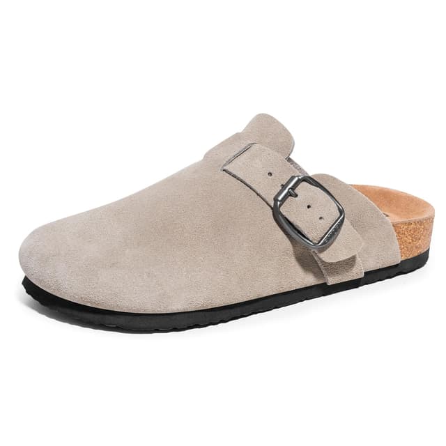 FITORY Herren-Clogs aus Wildleder Bequeme mit Fußgewölbeunterstützung geschlossen Hausschuhe mit Korkfuß Pantoletten Leder,Größe 40-47 43 EU Taupe