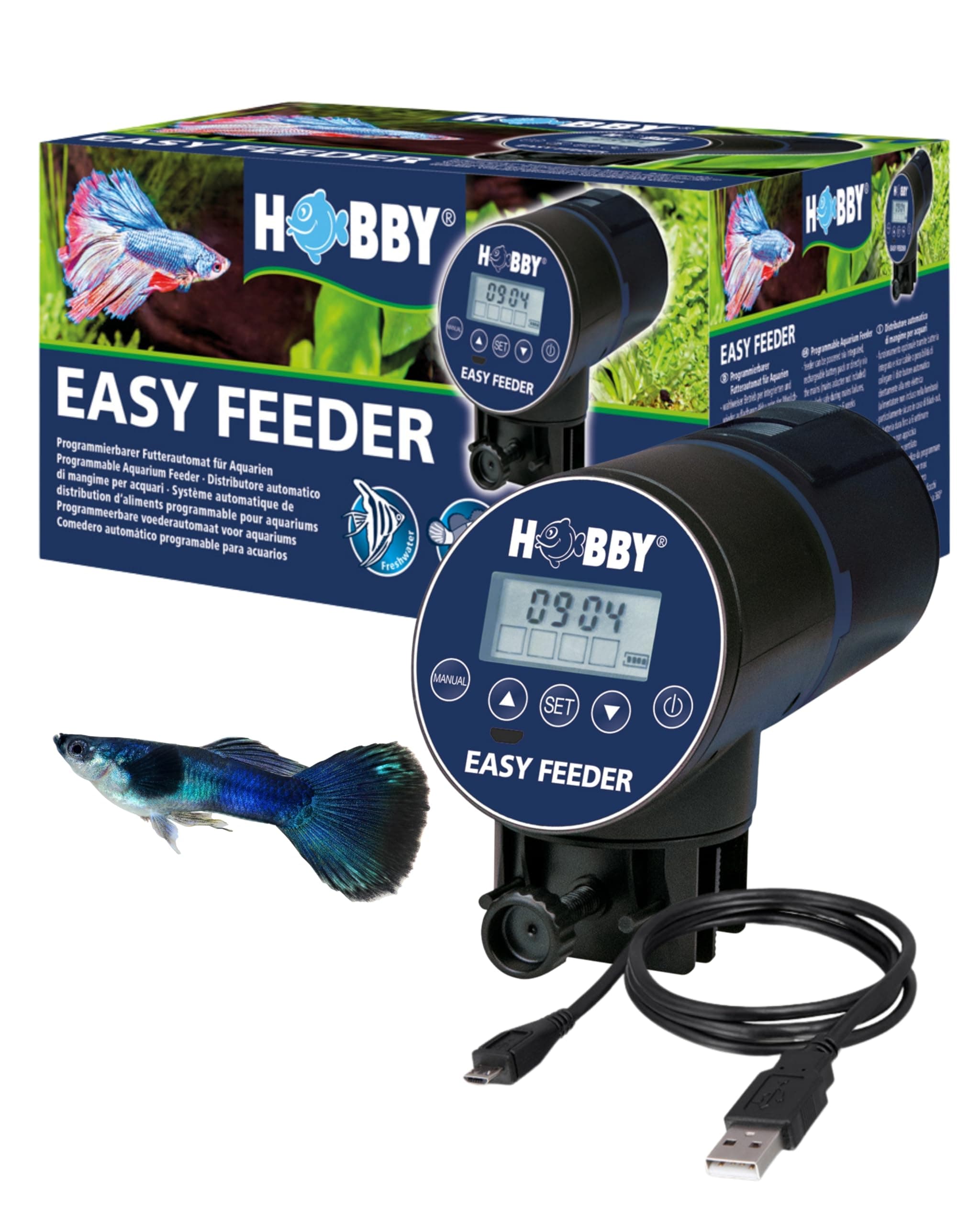 HOBBY Aquaristik Easy Feeder I programmierbarer Futterautomat für Aquarien I Fischfutter-Spender für bis zu 4 Fütterungen pro Tag I 100g / 300ml Kapazität I Aquarium-Futterspender