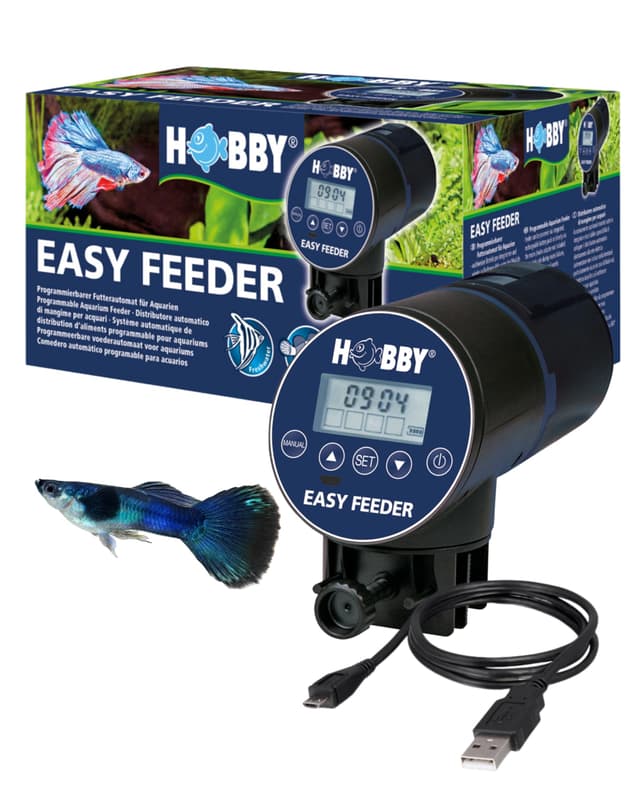 HOBBY Aquaristik Easy Feeder I programmierbarer Futterautomat für Aquarien I Fischfutter-Spender für bis zu 4 Fütterungen pro Tag I 100g / 300ml Kapazität I Aquarium-Futterspender