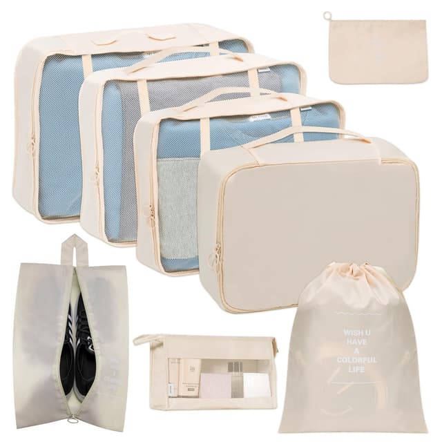 8 Teilige Kleidertaschen, Packing Cubes, Verpackungswürfel, Packtaschen Set für Urlaub und Reisen, Kofferorganizer Reise Würfel, Ordnungssystem für Koffer, Packwürfel (Beige)