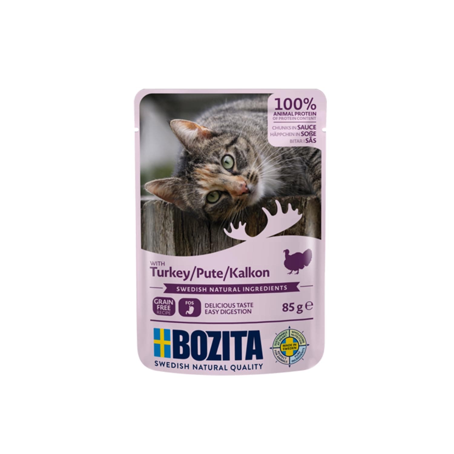 Bozita Pouch Nassfutter Häppchen in Sauce mit Pute - 12x85g Portionsbeutel getreidefreies & weizenfreies Futter für Katzen - Katzennassfutter für erwachsene Katzen mit 8,5% Protein & 4,5% Fettgehalt Pute 1.02 kg (1er Pack)