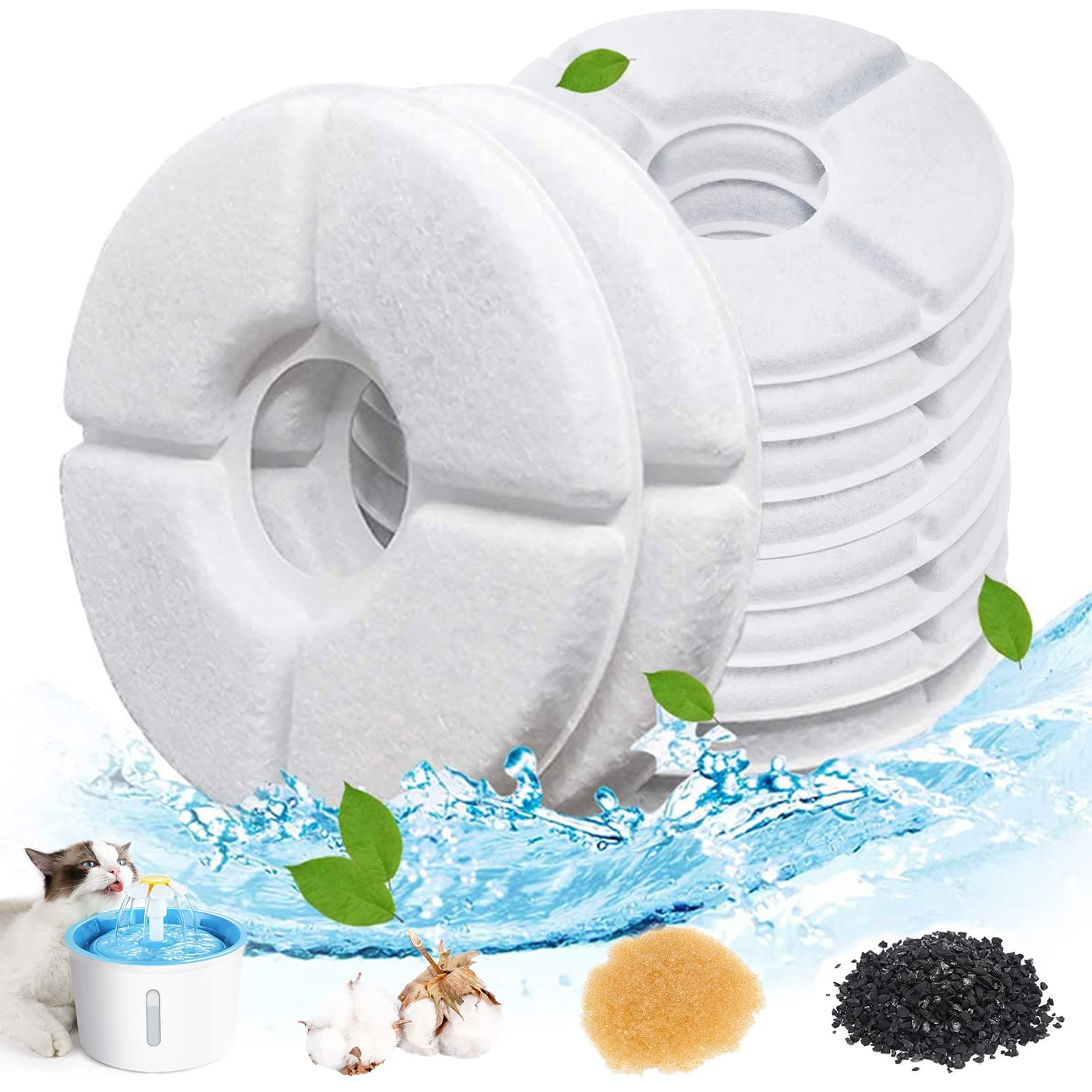 Dhohoo Katzenbrunnen Filter[10 Stück],Trinkbrunnen für Katze,Filter Katzenbrunnen,Ersatzfilter Trinkbrunnen für Katzen und Hunde, Rund,Trinkbrunnen Filter für 2-2,5 L, Weiß
