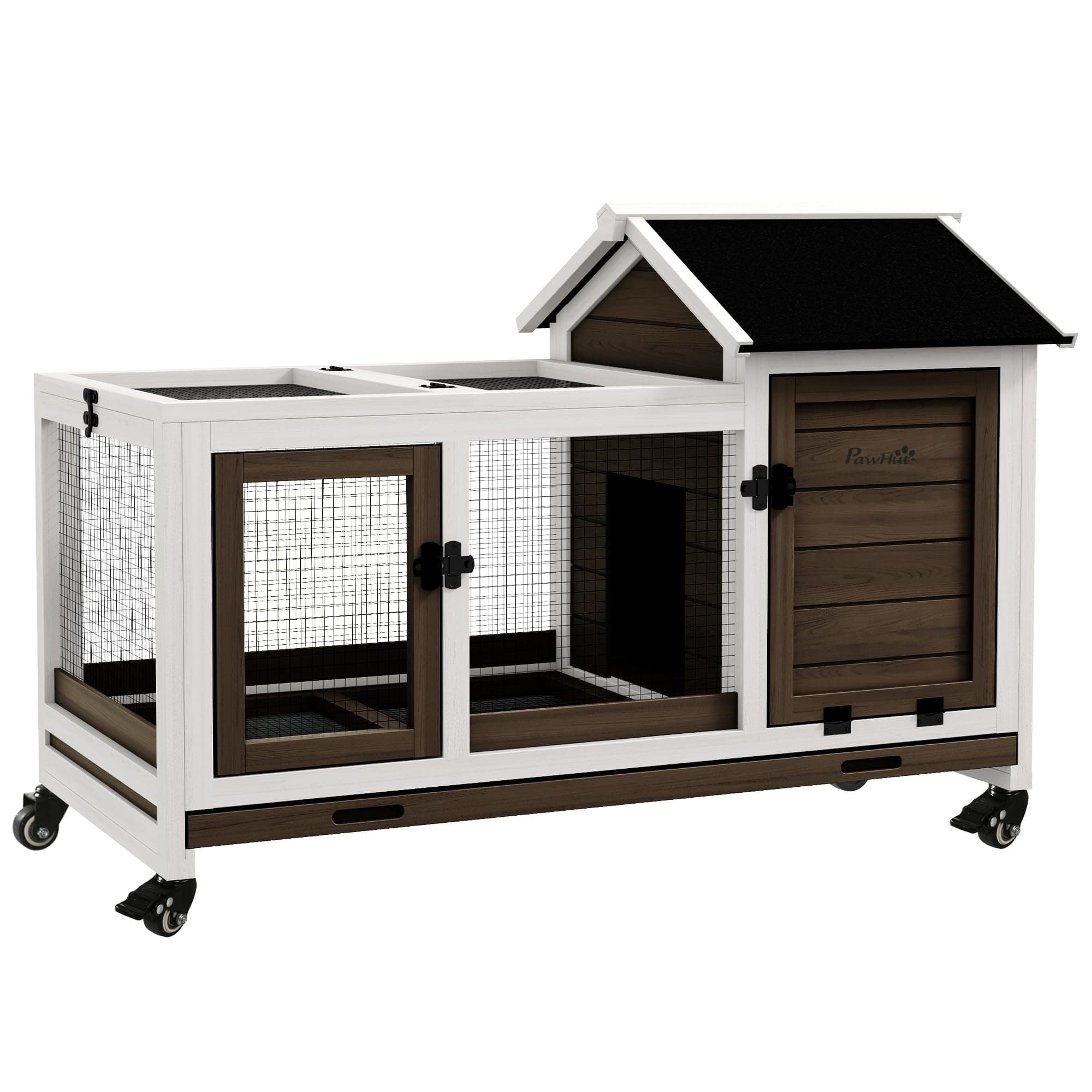 PawHut Zwergkaninchenstall aus Holz, 108 x 58 x 73,5 cm Kleintierstall mit Freilaufgehege, Rädern, Klappdach, Zwergkaninchenkäfig mit Ausziehbarem Tablett für Indoor, Outdoor, Kaffee Kaffee-Braun