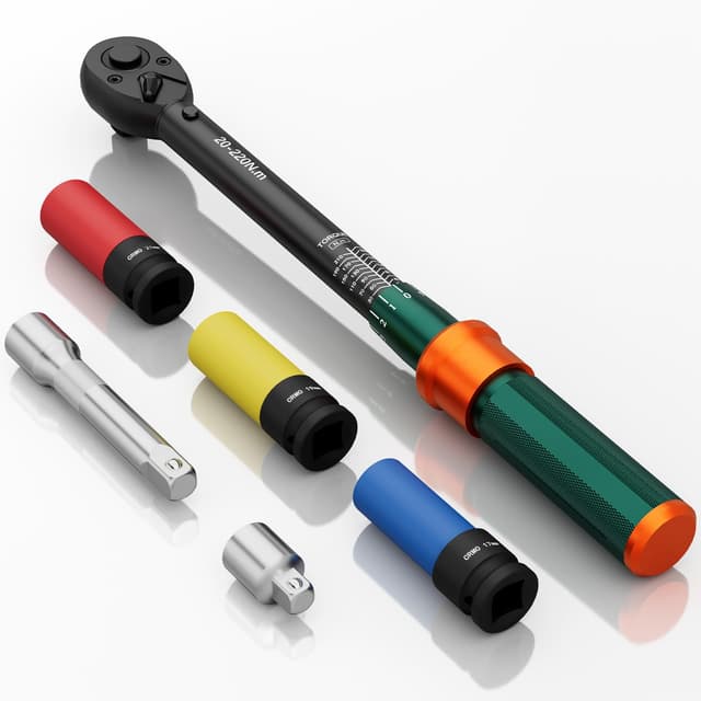 NADOKHI Drehmomentschlüssel 1/2'', 20-220Nm, Auto Drehmomentschlüssel Set 6-tlg. mit Stecknüsse 17mm/19mm/21mm, 125mm Verlängerungsstange, 1/2"-3/8" Adapter, für Reifenwechsel Auto und Motorrad 20-220Nm 1/2"-6tlg.
