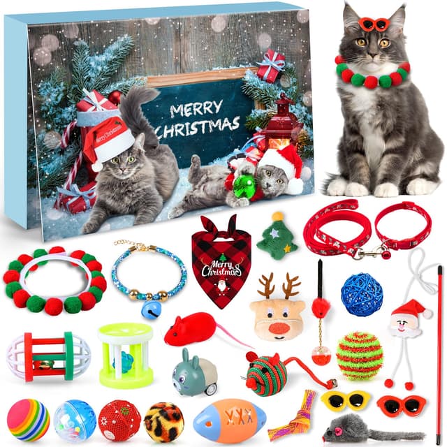 iZoeL Adventskalender für Katze 2025 Weihnachtskalender 24 Katzenspielzeuge Katzenhalsband Spielzeugmäuse Katzen Weihnachten Geschenk Katzenliebhaber Wiederverwendbar Adventskalender Geschenke