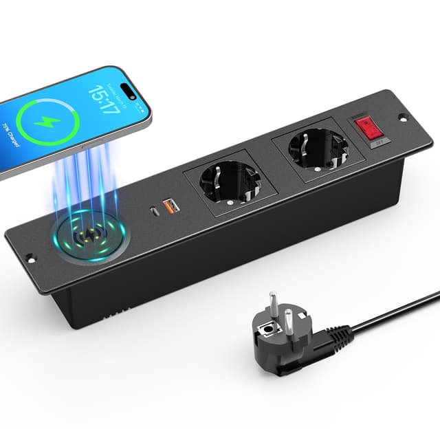 Einbau Steckdosenleiste, 2 Fach Tischsteckdose Einbausteckdose mit 15W Kabellosem Laden und Schalter, Airmom Versenkte Steckdose mit USB-C PD20W, Schwarz
