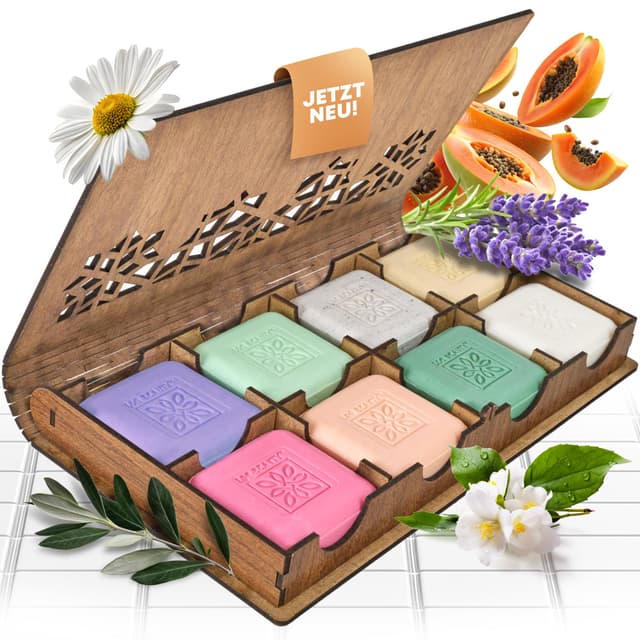 LOG-Beauty - Geschenke für Frauen - 8x80g kaltgepresste Handseife in eleganter Holzbox - duftende Wellness Geschenkidee - Duschseife - Seife Stück - Seife fest - Duschseife
