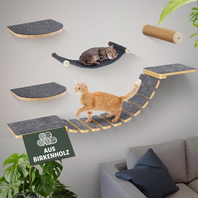 Modulares Katzen Kletterwand Set - aus Birkenholz | 5-in-1 Katzen Wandelemente mit Katzenbett & Laufsteg | Max. 35kg Belastbar, Einfache DIY-Montage Katzen Kletterwand 5-Teilig