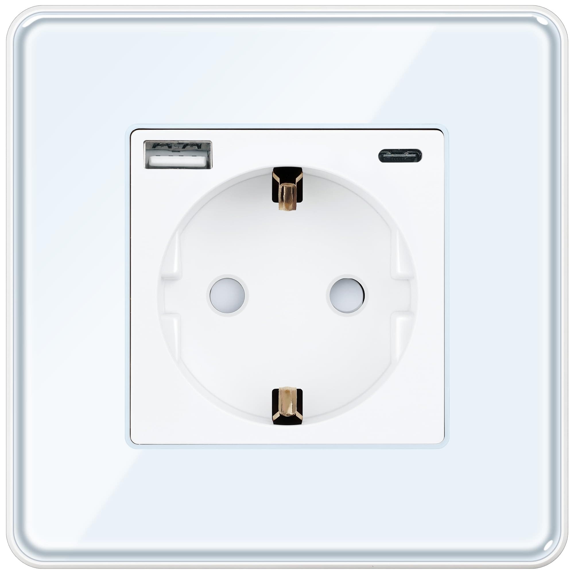 TAWOIA Schuko Steckdose Mit 20W(MAX 4A) USB Schnelllade Schnittstelle, EU-Standard 1 Fach Unterputz Mit 2,5D Curved Glas Platte, Wandsteckdose Weiß 86 * 86mm 1 Fach mit USB +Type C Weiß