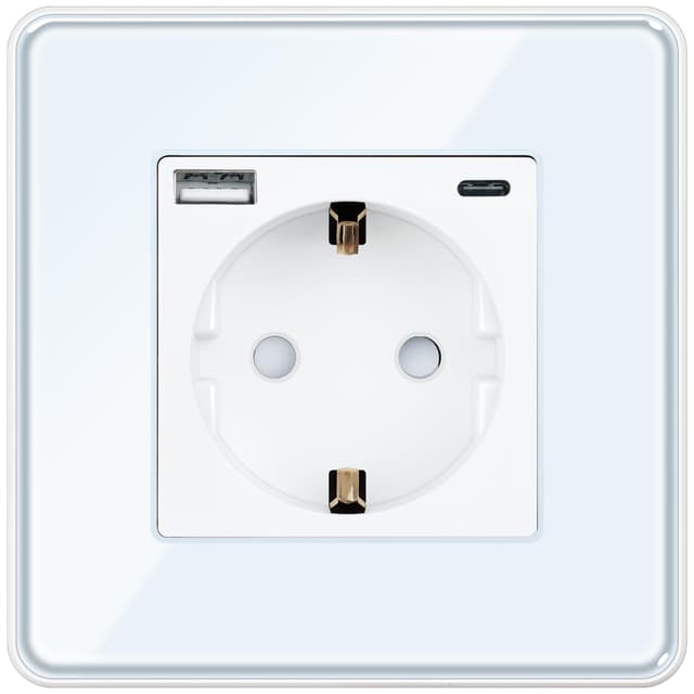TAWOIA Schuko Steckdose Mit 20W(MAX 4A) USB Schnelllade Schnittstelle, EU-Standard 1 Fach Unterputz Mit 2,5D Curved Glas Platte, Wandsteckdose Weiß 86 * 86mm 1 Fach mit USB +Type C Weiß