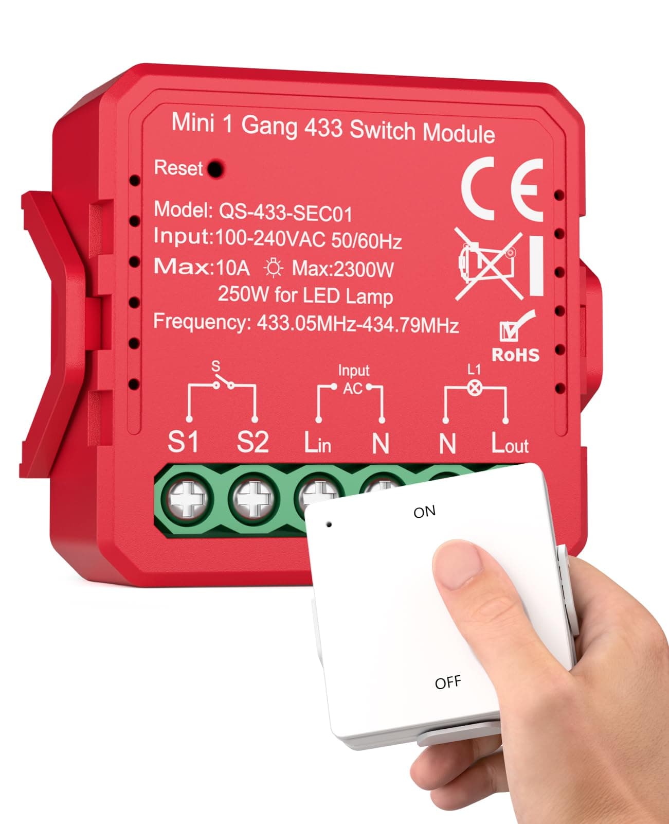 Funksender-Schalter Funk Lichtschalter 230 V, Funkschalter mit vorgelagertem RF-Sender Reichweite von 100 Metern, 433 Mhz Wireless Light Switch einfache Installation für Lampen 1 Sender und 1 Empfänger
