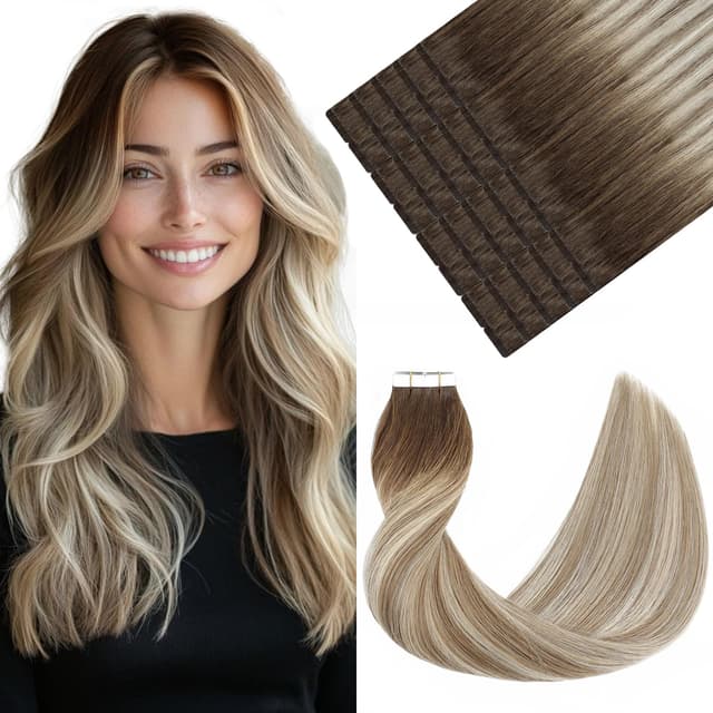 VINBAO Mikro Tape Extensions Echthaar Balayage Walnuss Braun bis Ash Braun und Blonde Haarverlängerung Echthaar Tapes Echthaar Extensions 40cm 20 Stück/50g Tape in 16 Zoll #3/8/22 40cm #3/8/22 Dunkelbraun bis Aschbraun Mittelblond