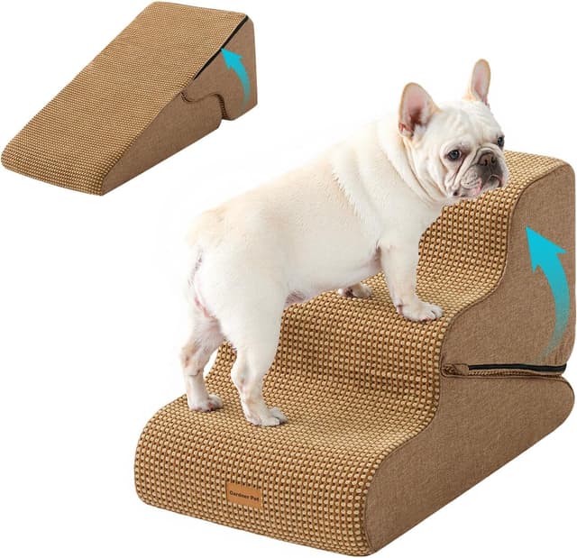 Gardner Pet Hundetreppe für kleine Hunde 35/42cm, Haustiertreppe Hundetreppe 3 Stufen, Hunderampe aus hochdichtem Schaumstoff mit rutschfestem wasserdichtem Stoffbezug für Bett, Sofa, Couch und Auto 3 Stufen Braun Hundetreppe