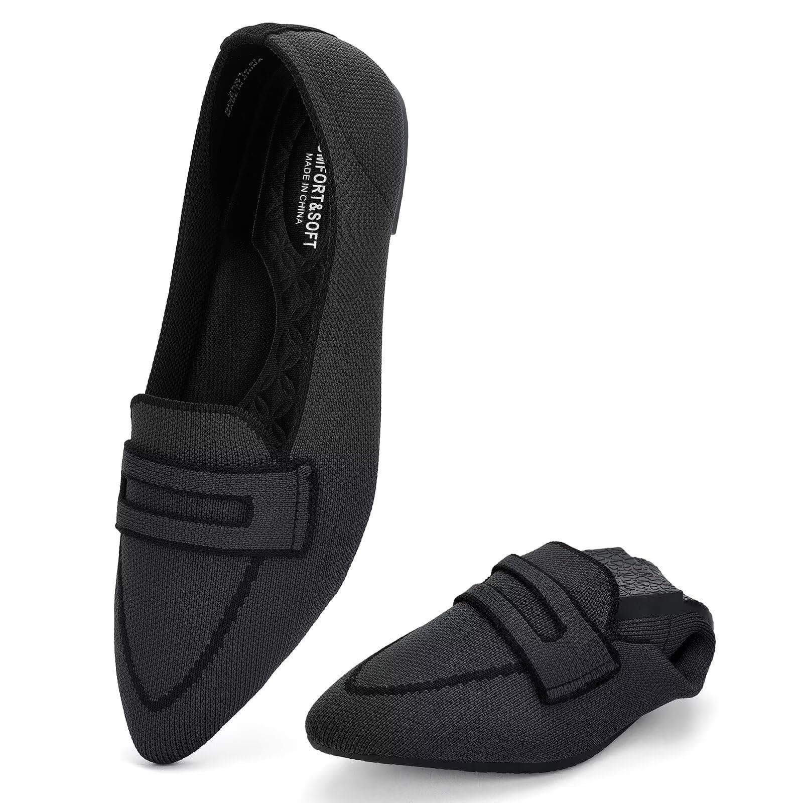 Puxowe Damen Ballerinas Slip On Spitz Strick Kleid Flache Schuhe Pumps Elegant Bequem Ballerina Flats für Damen 39 EU Schwarz