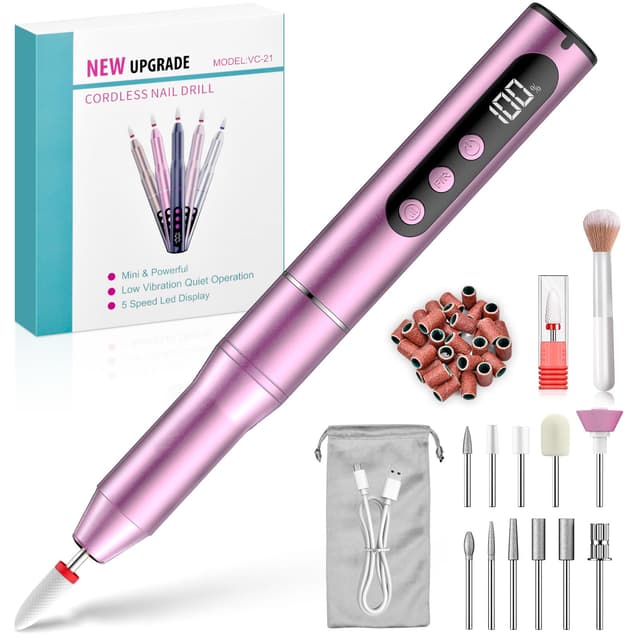 QEANY Nagelfräser Kabellos für Gelnägel, Elektrische Nagelfeile 35000 u/min, Fräser für Gelnägel, 5 Geschwindigkeitsstufen Einstellbar, für Semi PermanentManiküre und Pediküre