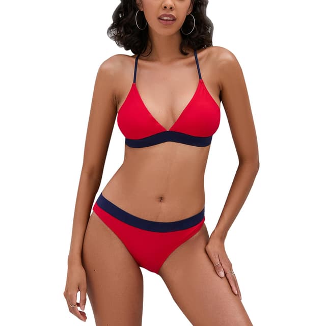 iSLASISIA Damen Bikini Set, Triangel, breites Unterbrustband, Bademode, Badeanzug 38 Rot + Blau