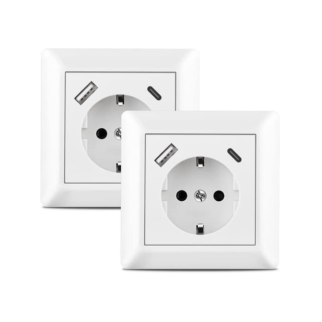 Sasudose USB C Steckdose, 2 X Steckdose mit USB Ladegerät Anschluss und Typ C (Max. 3.4A) Schuko Steckdose USB Unterputz System 55 Reinweiß Glänzend Wandsteckdose Passent in Standard Unterputzdose USB C Weiß (2 Stück)