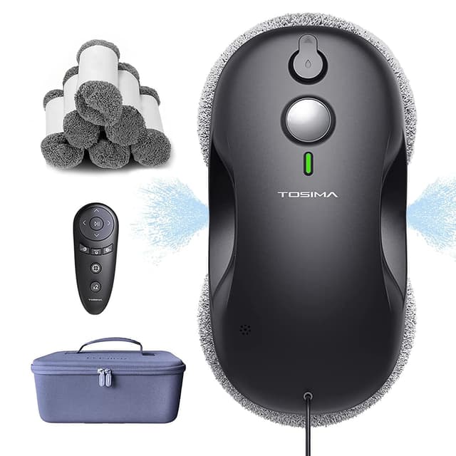 Tosima W3 fensterputzroboter Automatisches Sprühfunktion mit 80ML Tank, dreifachem Sicherheitssystem,fensterroboter Intelligenter Navigation, Fernbedienung, für alle Glatten Oberflächen,mit 12 Tüche Schwarz