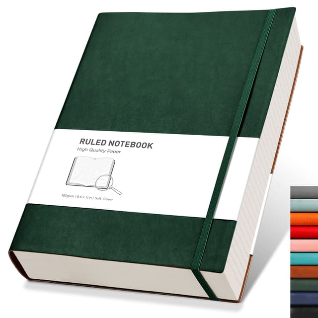 RETTACY Notizbuch A4 liniert - Dickes Tagebuch mit 320 nummerierten Seiten, 1 Rücktasche und hochwertigem Softcover für Frauen und Männer im Büro oder in der Schule, 21,5 x 27,9cm Grün A4