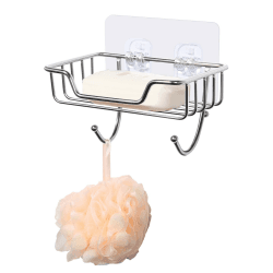 Seifenschale ohne Bohren, Uten Seifenhalter Edelstahl Selbstklebend mit 2 Haken, Schwammhalter für Dusche, Bad, Küche Silber- mit Haken