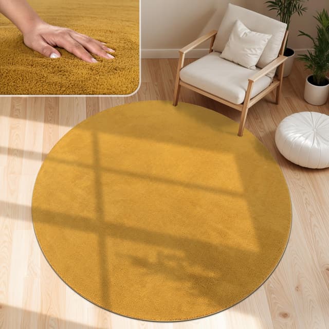 Paco Home Moderner Kuscheliger Wohnzimmer Teppich Kurzflor waschbar flauschig Weich Einfarbig Felloptik zeitlos stilvoll rutschfest pflegeleicht, Grösse:160 cm Rund, Farbe:Gelb 160 cm (Rund) Gelb