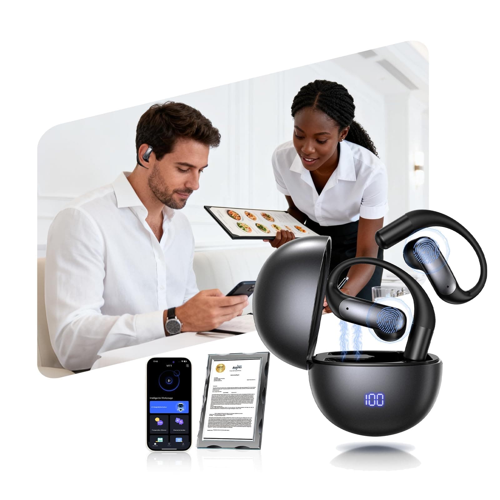 JDBL 6.0 Aufgerüstete Kopfhörer Übersetzer Kopfhörer【KI-Chip 4.0-99.2% Genauigkeit】【164-Sprachen-Datenbank - 95% Abdeckung】 Übersetzungskopfhörer 128-Punkt Fühlerfeld–Druckentlasteter Tragesitz A-black