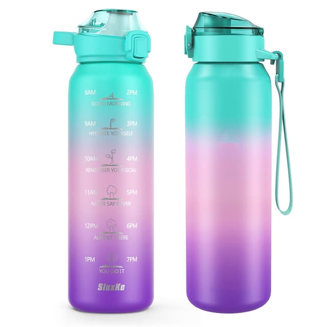 SLUXKE 700ml Wasserflasche mit 2 Deckeln (Strohhalm und Ausgießer), Flasche aus 18/10 Edelstahl mit Griff, 700ml vakuumisolierte Flasche für Männer, Frauen, Kinder GRÜN PINK PURPEL 700 ml Grün Rosa Lila