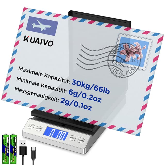 KUAIVO Briefwaage, 30kg/2g Digitale Paketwaage mit Halte & Tara Funktion, Hohe Präzision Faltbare Plattformwaage für Brief, Paket, Einsetzbar im Büro und Heimgebrauch