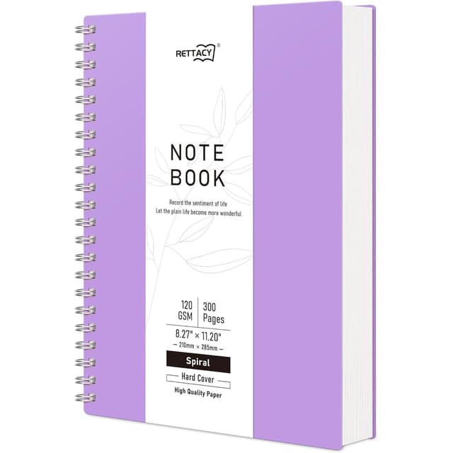 RETTACY A4 Spiral Blanko Notizbuch, Drahtgebundenes Skizzenbuch 300 Seiten/150 Blätter zum Zeichnen, 120gsm, Kunststoff PVC Hardcover, zum Schreiben Frauen Männer Schule, 21.5 x 27.9cm - Lila Lila A4