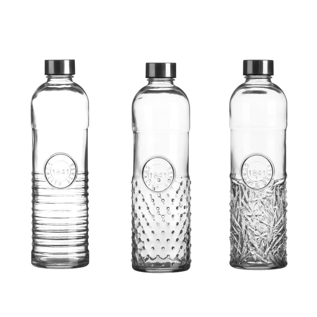 Stilvoll Wasser trinken - Oriental 1 Liter Glas Wasserflasche mit Schraubverschluss, luftdicht, Trinkflasche für Wasser, Saft im Kühlschrank, Vintage Glasflasche (3er Set Retro Mix Stripe Dot Edge)
