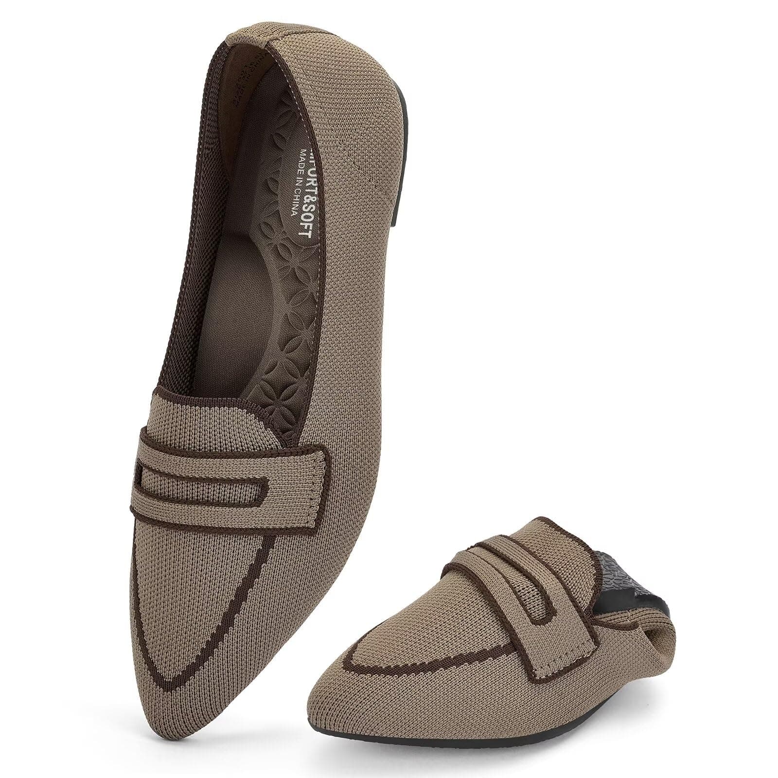 Puxowe Damen Ballerinas Slip On Spitz Strick Kleid Flache Schuhe Pumps Elegant Bequem Ballerina Flats für Damen 40 EU Khaki