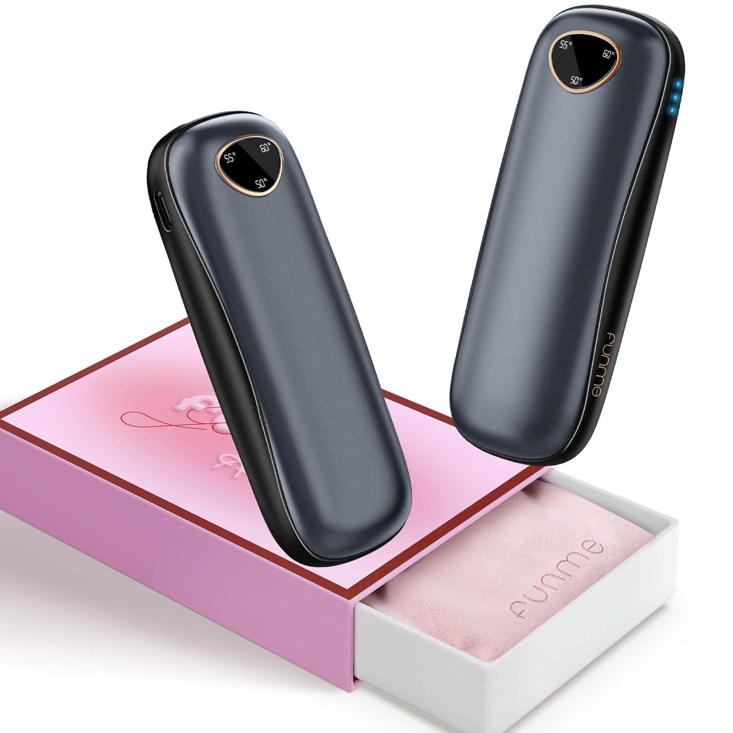 2er-Pack Wiederaufladbare Handwärmer 10000mAh [Geschenkbox] Funme® Handwärmer Elektrisch USB Powerbank Wiederverwendbar Taschenwärmer Tragbare Max 60°C, Frauen, Ideal für Outdoor OT95 Waffengold-2Packs