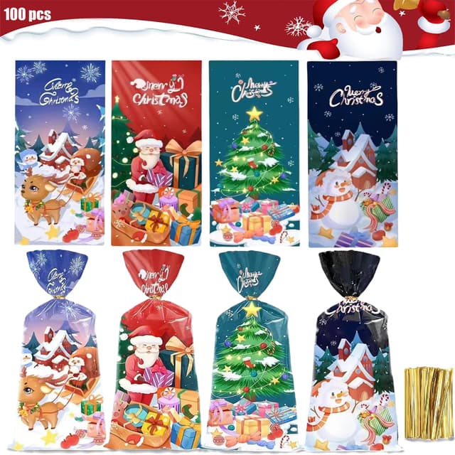 100 Stück Weihnachten Plätzchentüten,Cellophantüten Klar, Weihnachten Süßigkeiten Tüten,Mit 150stück Twist Krawatten (C)